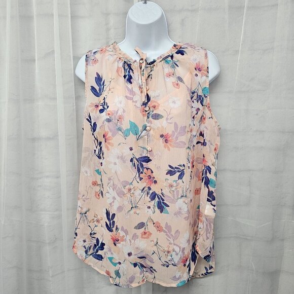 Liz Claiborne Pink Blue Floral Sheer Coquette Chiffon Tank Top L - Picture 1 of 11